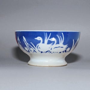 Blue coffee bowl with swan or duck decoration - Badonviller - antique French breakfast bowl
