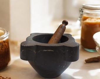Black marble mortar and wooden pestle / Antique kitchen / French antique / 1900
