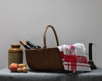 Antique French Basket, Vintage Picnic Basket. Rattan Basket, Wicker