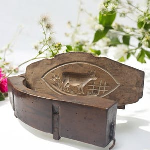 Antique XXL butter mold in old wood with cow decoration - French folk art