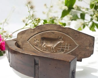 Antique XXL butter mold in old wood with cow decoration - French folk art