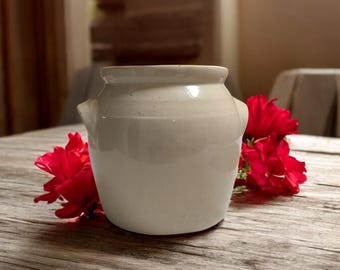 Large cream-colored glazed stoneware jam pot, France
