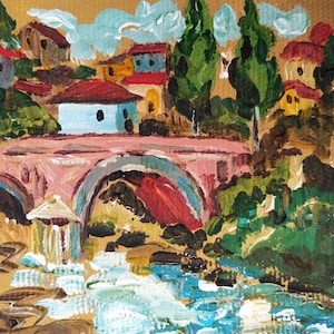 Historic Bridge and Old Town Street With Traditional Houses - Original Acrylic Painting - Tiny Painting