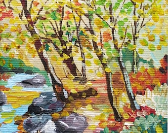 Gouache Painting - Autumn Riverbank with Yellow Trees and Falllen Leaves, Original Landscape Art