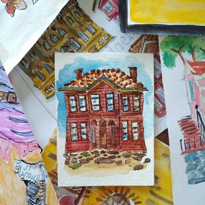 Traditioneller Dorfschlauch - Original ACEO Aquarellmalerei auf Papier, 2,5x3,5-Zoll-Sammelkarte