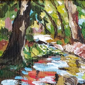 Acrylic Forest Painting - Autumn Trees and Golden Leaves, Woodland Wall Art