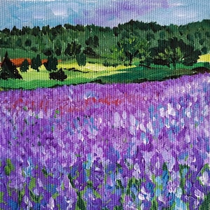 Lavender Field Gouache Original Painting, Purple Flower Landscape Wall Art, Countryside Artwork, Framed painting