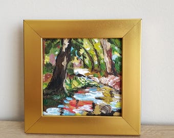 Acrylic Forest Painting - Autumn Trees and Golden Leaves, Woodland Wall Art
