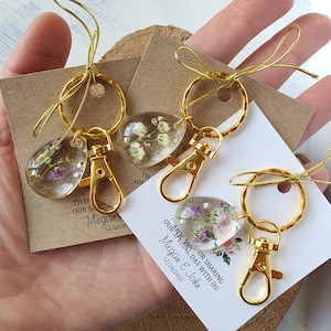 Porte-clés fleur de gypsophile en résine avec cartes de remerciement | Faveurs | cadeaux de mariage | cadeau invité