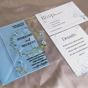 Ensemble de faire-part de mariage en acrylique - Invitation florale transparente avec RSVP et carte d'informations - Papeterie de mariage élégante personnalisée