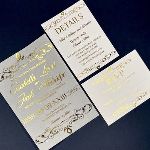 Vintage Pergament-Hochzeitseinladungen / personalisierte Einladung Silberhochzeit / Goldfolie / Silberfolie / Silberhochzeit