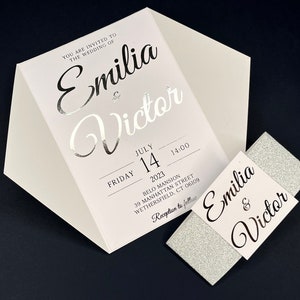 Invitación de boda de plata con purpurina/ Invitación brillante/ Invitación impresa/ Lámina de plata/ Ivitación de papel