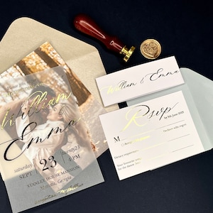 Invitation de mariage semi-transparente en or de luxe / Invitations de mariage en vélin avec RSVP / Détails / Or / Argent / Or rose