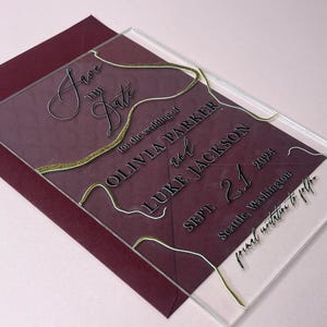 Tarjetas de invitación personalizadas con acrílico para guardar la fecha, diseño minimalista dorado, 4 x 6 o 5 x 7 pulgadas, anuncio de boda moderno, invitación transparente para guardar la fecha