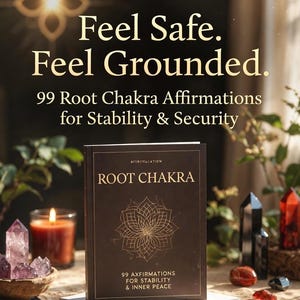 May include: A book titled "ROOT CHAKRA" with gold floral design, stacked on a white book. The cover text reads "Feel Safe. Feel Grounded. 99 Root Chakra Affirmations for Stability & Security." The image includes crystals, a candle, and other decorative items.