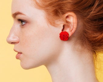 Red Rose earrings, rose ribbon earrings, Red rose stud earrings, Flower jewellery, flower earrings, red rose studs - Cherry