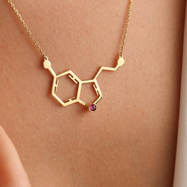 Serotonina de oro macizo de 14k, collar de moléculas, joyería científica, colgante de química, collar de moléculas, collar de serotonina, regalo de Navidad