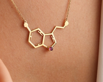 14k Solid Gold Serotonin, Molecule Necklace, Science Jewelry, Chemistry Pendant, Molecule Necklace,  Serotonin Necklace, Christmas Gift