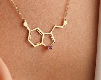 Dainty Serotonin Molecule Necklace: Handmade Birthstone Chemistry Pendant