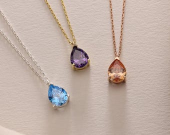 Teardrop Birthstone Necklace, Dainty Custom Gemstone Pendant Necklace,Gemstone Necklace, Gift for Mom, Birthstone Jewelry , Christmas Gifts,