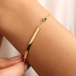 14K Solid Gold Personalized Bar Bracelet: Engraved Message, Birthstone Slider
