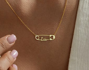 Safety Pin Necklace, Custom Safety Name Pin Necklace with Birtstone, Name Jewelry, Initial Pendent Necklace with Birthstone, Christmas Gift
