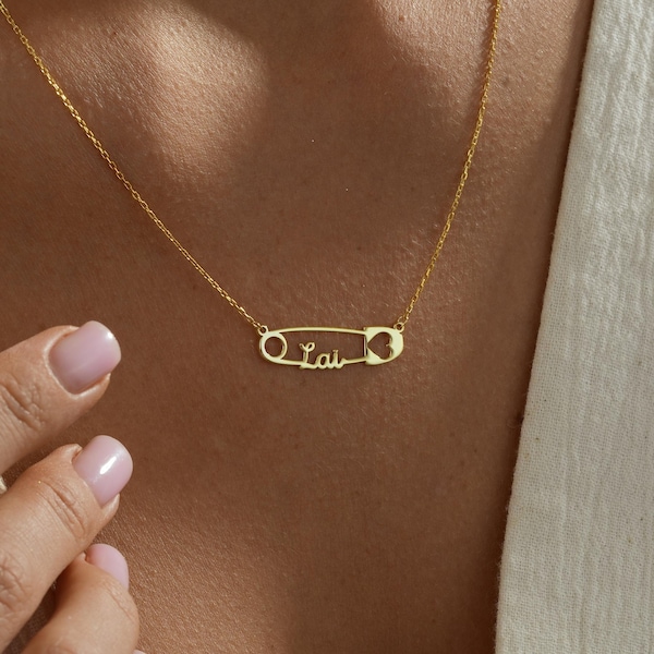 Collar con imperdible, Collar personalizado con imperdible y piedra natal, Joyería con nombre, Collar con colgante inicial y piedra natal, Regalo de Navidad