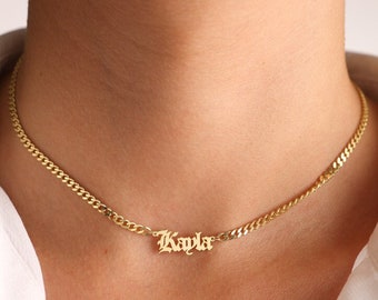 14K Gold Personalized Name Necklace with Curby Chain, Handmade Jewelry, Personalized Christmas Gift for Mom, Custom Name Plate Necklace