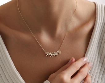 Dainty Birth flower Necklace , 14K Gold Birth Flower Bouquet Necklace, Personalized Gift, Birth flower Family Gift, Mothers Day Gifts