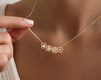 Dainty Birth flower Necklace , 14K Gold Birth Flower Bouquet Necklace, Personalized Gift, Birth flower Family Gift, Mothers Day Gifts