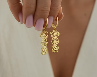 Personalized Birth Flower Earrings with Birthstone, Custom Sterling Silver Dangle Earrings, Handcrafted Pave Floral Jewelry Gift