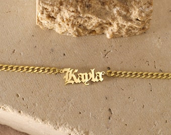 14k Gold Custom Name Necklace - Dainty Gothic Curb Chain
