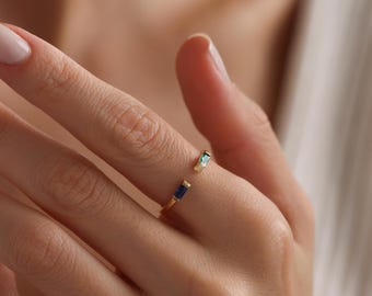 Custom Duo Birthstone Ring: Sterling Silver Baguette Gemstone