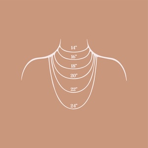 Puede incluir: Diagrama que muestra diferentes longitudes de collar de 14 a 24 pulgadas, ilustrado en un contorno estilizado del cuello y los hombros de una persona.