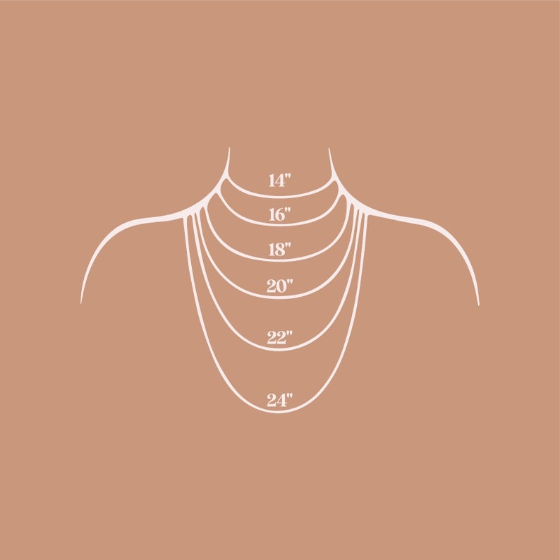 Puede incluir: Diagrama que muestra diferentes longitudes de collar de 14 a 24 pulgadas, ilustrado en un contorno estilizado del cuello y los hombros de una persona.