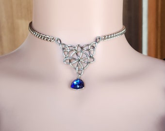 Discreet Day Collar Locking Silver Stainless Steel Choker Celtic Pendant Gem