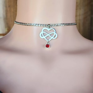 May include: A silver chain choker necklace with an infinity symbol heart pendant and a dangling red gemstone.