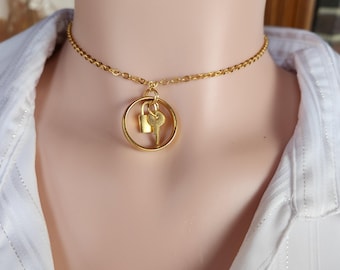 Locking Gold Choker Necklace, Discreet Submissive Collar with Key