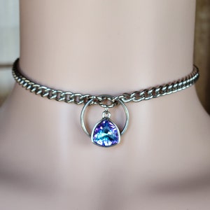 Discreet Day Collar Locking Silver Stainless Steel O Ring Choker with Gem