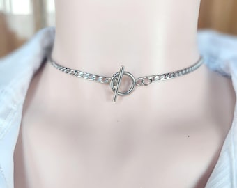 Discreet Locking Day Collar, Stainless Steel Cuban Chain Toggle Choker