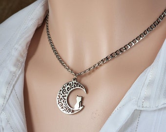 Moon Kitty Necklace, Stainless Steel Discreet Day Collar Choker