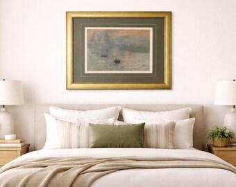 Lámina vintage enmarcada "Impresión, sol naciente" de Monet / Cuadro grande con marco dorado / Decoración impresionista clásica / Obra de arte para salón o dormitorio