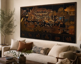 Asian Coromandel Laquer 6 Panel Folding Screen 7.5’x 48”h
