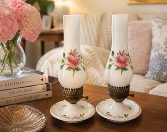 Vintage Floral Milk Glass Lamp Set – Hand Painted Pink Roses – Cottage Chic Lighting – Shabby Chic Decor – Pair of Vintage Lamps