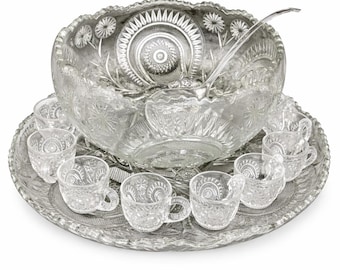 Juego de ponchera de cristal tallado vintage con tazas y bandeja – Elegante juego para recibir invitados