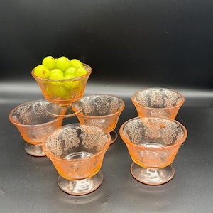 Federal Depression Glass Footed Sherbet Dishes, Pink “Cabbage Rose” (DD)