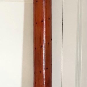 May include: A tall, cylindrical didgeridoo made of reddish-brown wood. It features dark spots and bands of green, yellow, and black near the top and bottom. The instrument is approximately 50 inches in length.