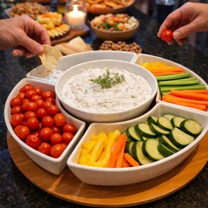 May include: A white serving platter with a central bowl of dip, surrounded by compartments filled with cherry tomatoes, cucumber slices, carrot sticks, and yellow bell pepper strips. A wooden base supports the platter, ideal for appetizers.