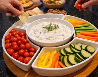 B Smith Multiserver Porcelain Bowls with Bamboo Base (ZY)