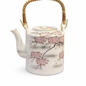 Vintage Cherry Blossom Teapot | Porcelain Ceramic Tea Pot, Bamboo Handle